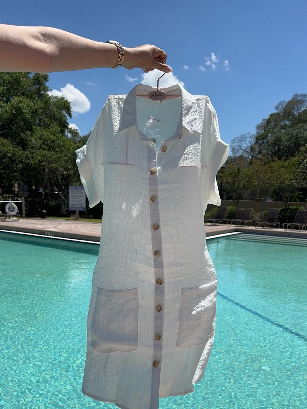 White Button-Front Shirt Dress with Patch Pockets line dress mini white